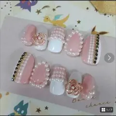 ジェルネイルチップ　ピンク✕ホワイト　千鳥　カメリア