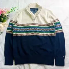 トミーヒルフィガー ハーフジップ ニット ノルディック柄 紺 白 M 高級素材