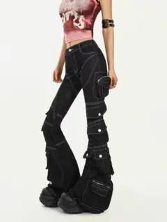 【GA2】ブラックフレアパンツ 多ポケットデザイン