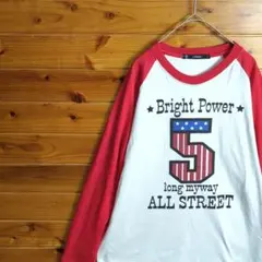 長袖Tシャツ　ロンT　長袖カットソー　ラグラン袖　バイカラー　白　赤　Ⅼ　古着