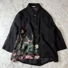 和柄×ペイズリーMIXのシアーシャツ　トリム　黒 透け感ブラウス M〜L