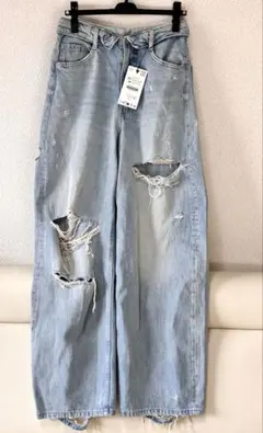 ZARA TRF ダメージデニム ワイドパンツ 大きめ M〜L相当