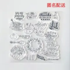 クリアスタンプ ティータイム フラワーリング お菓子 鳥 花【線不良 淡め】