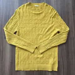 GU メンズ クルーネック ケーブルニット マスタードイエロー M