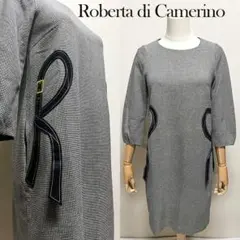 美品 ロベルタディカメリーノ 千鳥格子 刺繍 アップリケ ワンピース ブラック