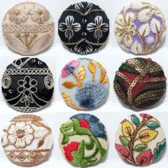 【特価①】９点セット　インド刺繍リボンくるみボタン　ヘアゴム・ブローチ