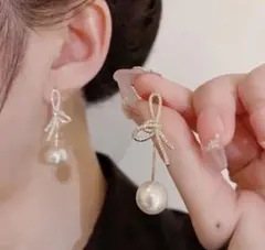 新品【高見え】リボン 揺れる 大粒パール ピアス ジルコニア 韓国