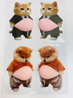 3D柴犬&猫4匹セット お腹ぷにぷにシール もちもち スクイーズ もっちり 肉球