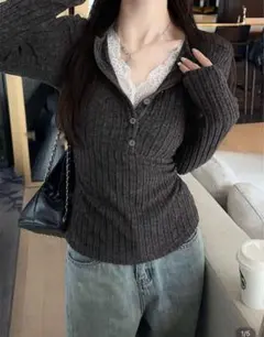 ニット 薄手 長袖 グレー Lサイズ