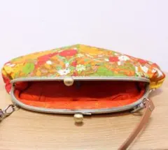 ハンドメイド★がま口ハンドバッグ★着物リメイク/夏色ビビッドオレンジ♪花柄レトロ