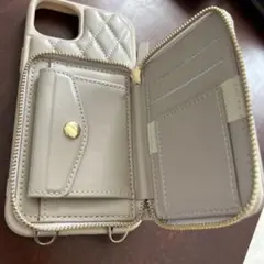 iPhone14plus用ケース カードポケット付き グレージュ ショルダー