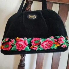 FEILER 花柄刺繍 ボストン型バッグ 黒