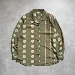 90s vintage　幾何学 総柄 シャツ　長袖　開襟　カーキ　レトロ
