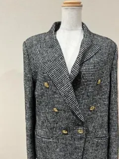 ZARA L テーラードジャケット 千鳥格子 ダブル 金ボタン モノトーン