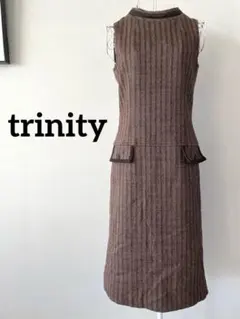 【trinity】 ヘリンボーン ツイードワンピース 膝丈 ウール混 レトロ
