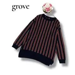 grove グローブ　レディース　長袖ニット　セーター　ストライプ　ネイビー　M