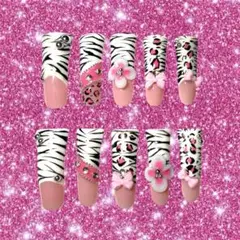 ネイルチップ ダック ギャル ヒョウ柄 ピンク y2k 平成 3D 平成 ゼブラ