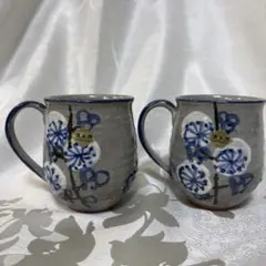 清水焼 大きめマグカップ 2客セット 花柄　手描き　刷毛目　民藝調コーヒーカップ