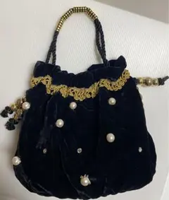 ベルベット　巾着型バッグ パール　パーティーバック　黒