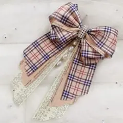 ハンドメイド リボン ヘアゴム キッズ ロング チェック 式典 淡水パール
