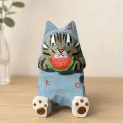 猫　木彫り　手彫り　北欧　置物　インテリア雑貨　オブジェ　金運　スマホスタンド