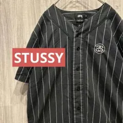【美品】OLD STÜSSYストライプ 半袖ベースボールシャツ 刺繍ロゴ 古着M