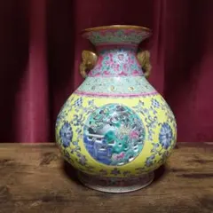 アンティーク　景徳鎮　飾り花瓶　耳付　粉彩