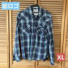 【希少】ディッキーズ 総柄ロゴ チェック ネルシャツ XL ターコイズ