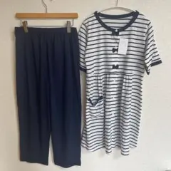 新品　マタニティ　M リボン付きストライプパジャマ 半袖　前開き　出産準備