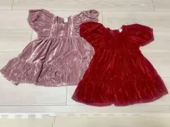H&M クラッシュベルベットワンピース 2点セット　赤　ピンク　80