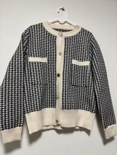 千鳥柄　ビジューボタンカーディガン