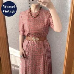 ヴィンテージ 昭和レトロ古着 総柄プリーツワンピース ノーカラー 半袖 ピンク系