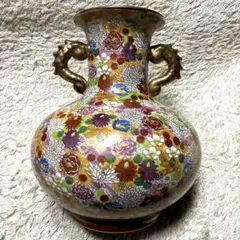 特大46cm】薩摩焼 金彩 花鳥武者絵 飾り壺 時代物 骨董 金襴手 大壺