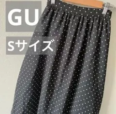 GU ジーユー ドット柄 水玉 フレアスカート S ミモレ丈 黒 ブラック