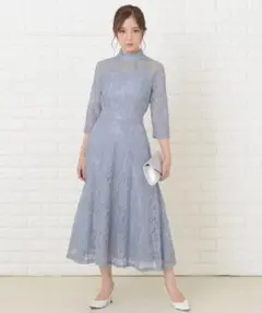 Lace Ladies ハイネック 七分袖 総レース ロング丈ワンピースドレス
