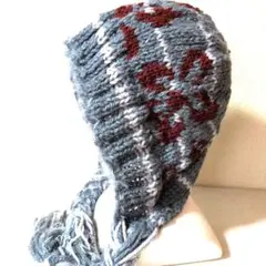 ハンドメイドレディース花柄　耳あて付き付きニット帽　毛混　バラクラバ　ボンネット
