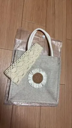 トートバッグ　ハンドバッグ　花柄刺繍 レースリボン