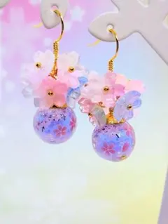 ハンドメイド　桜ピアス パステル フラワー ゴールド 春アクセサリー 揺れる