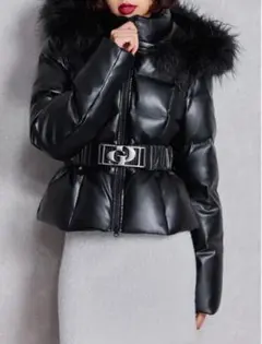 【GYDA】 返品不可、GDベルト付きフェイクレザーショートダウンコート
