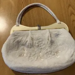 ビーズ刺繍花柄ホワイトパーティーバッグ　昭和レトロ　中古