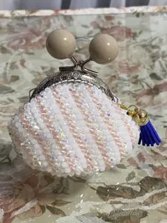 ビーズがま口財布 ホワイトとピンク
