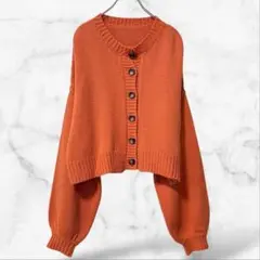 バルーン袖ショート丈ニットカーディガン オレンジ(F)春秋冬 シンプル ゆったり
