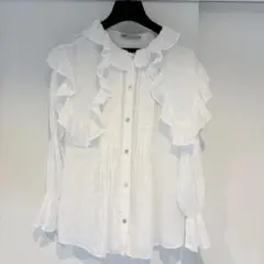 【美品】リネン100% ZARA ザラ フリル付きホワイト長袖シャツ