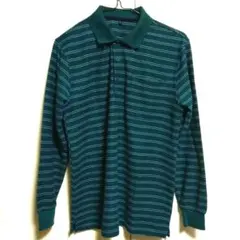 長袖ポロシャツ　ダークグリーン　ストライプ