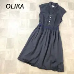 美品 OLIKA コットン ノースリーブ ピンタック ワンピース ネイビー