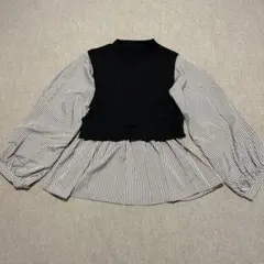 レディース（M） 切り返し バルーンシャツ ストライプ オフィス キレイめ