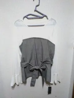 79.【新品タグ付き】バックリボン　フリル袖　カットソー　チェック　Lサイズ