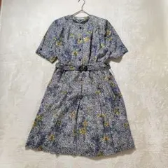 ノーカラー レトロ 半袖ワンピース 花柄 総柄 リネン混 ウエストベルト付き