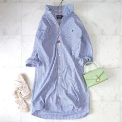 ジムフレックス　コットン ロングシャツワンピース　ブルー ストライプ　青白