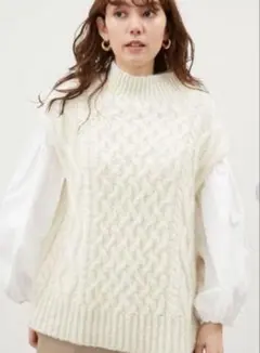 ミラオーウェン　 パフスリーブブラウスケーブルニットベストSET